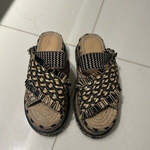 Farm Rio Platform Slides sandals - 7M, raffia natural cream and black